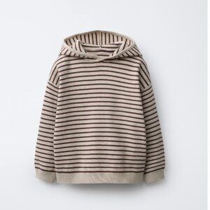 Soft Zara Kids Striped Knit Hoodie Size 6 – Unisex Cream & Brown